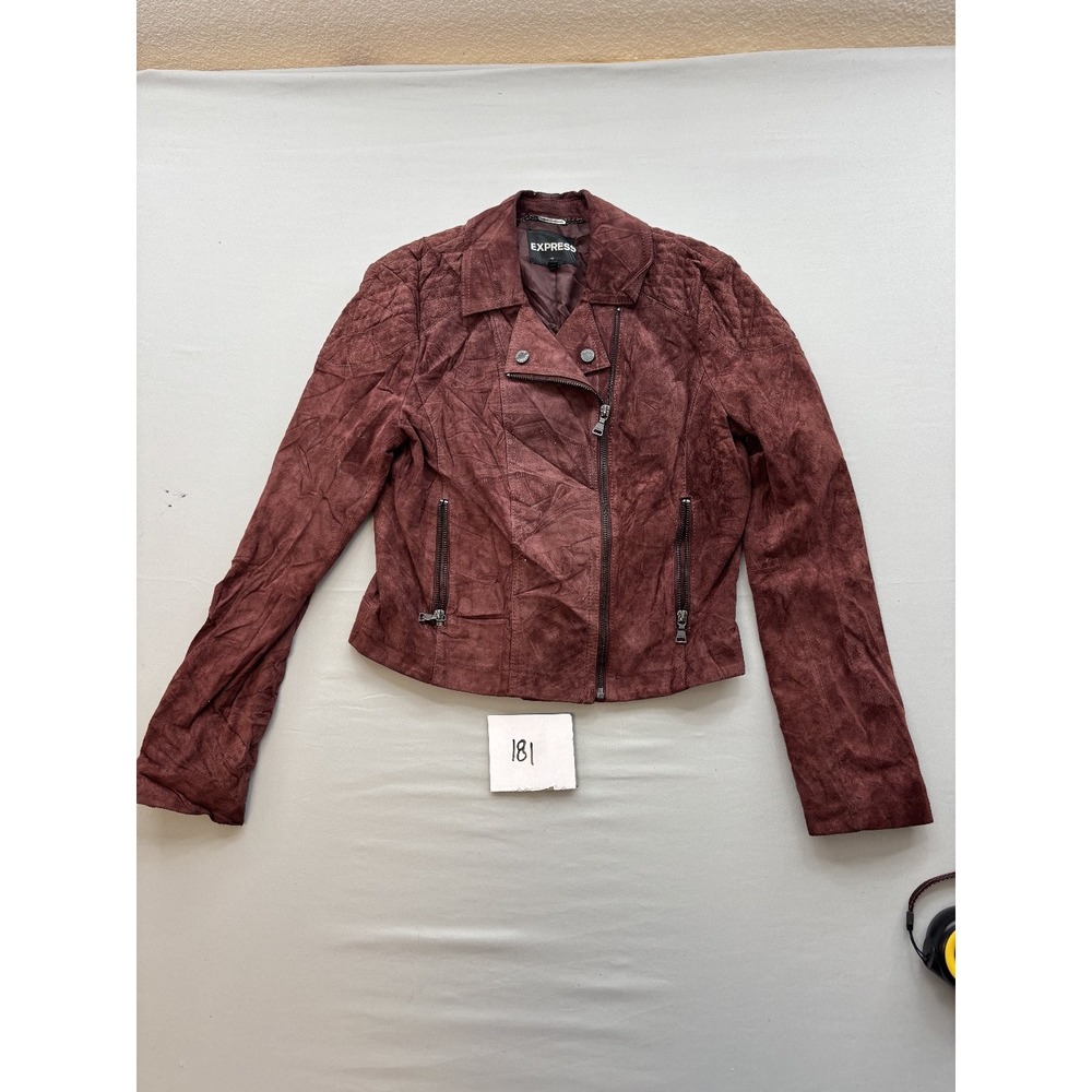 EXPRESS Women Burgundy Suede Moto Jacket Asymmetrical Zip Quilted Biker Coat S